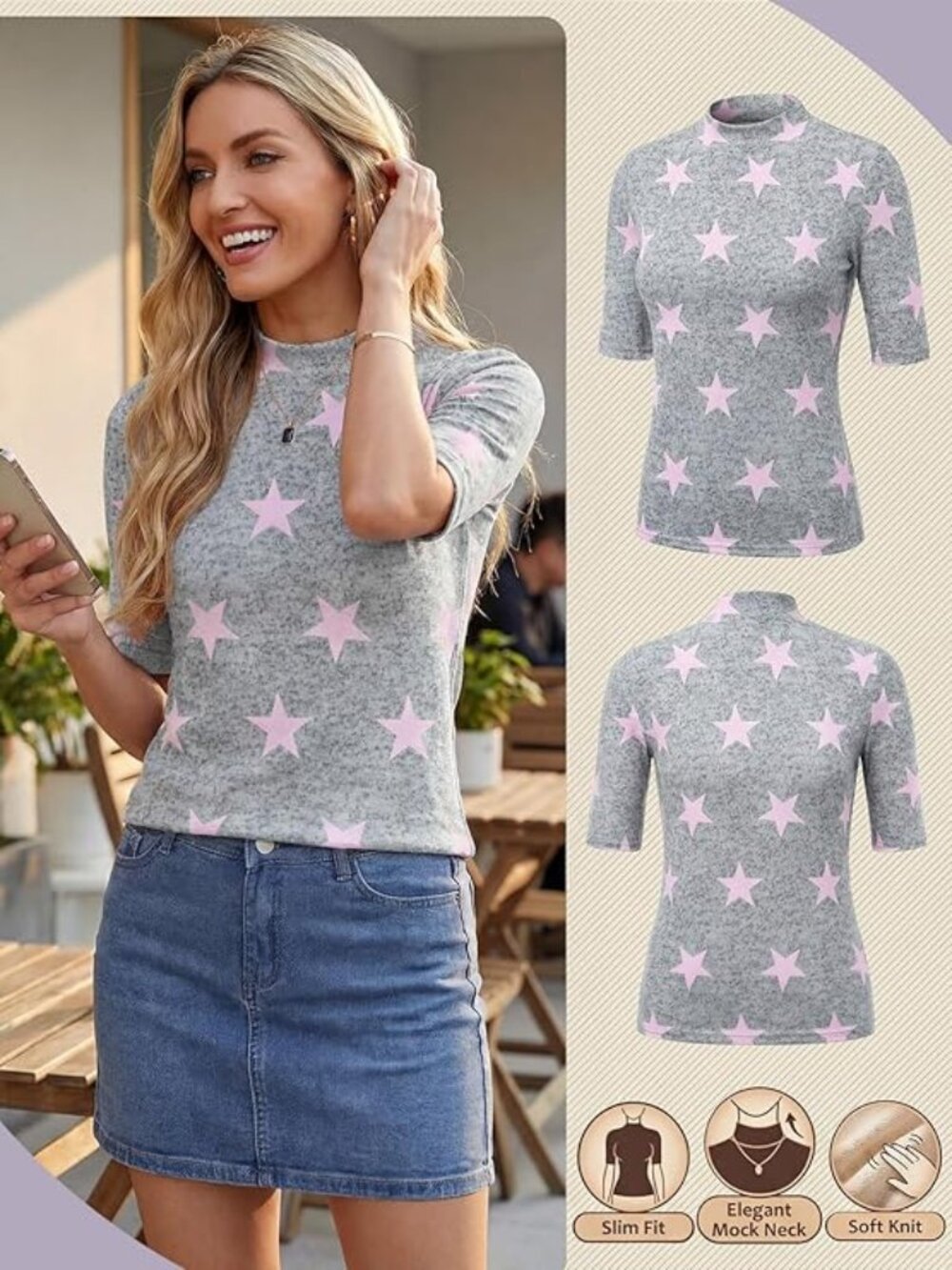 Pink Star Mock Neck Short Sleeve Shirt